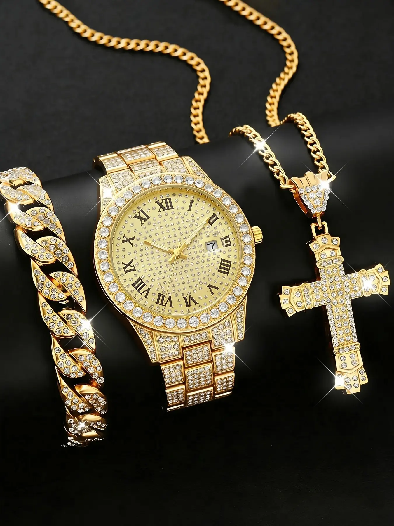 Men's Hip-Hop Cuban Chain Exquisite Watch Set, Diamond-Encrusted Calendar Watch, Cross Pendant Necklace, Hip Hop Aesthetic, Analog Quartz Movement, Alloy Case