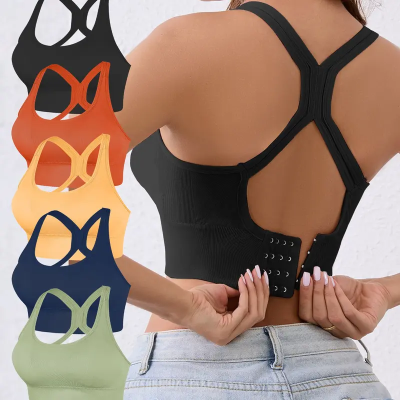 Women's High-Support Sports Bras 5 Pack, Wireless High-Impact Yoga Gym Workout Bra, Comfortable Breathable with Removable Pads & Crisscross Back Exercise Bra