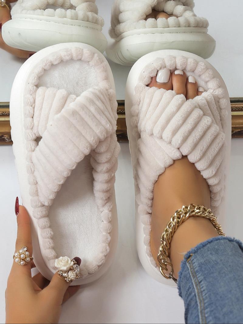 Women's Criss Cross Design Plush Slippers, Casual Soft Comfortable Non-slip Thick Bottom Slippers for Indoor and Outdoor Wear, Bedroom Slippers for Fall & Winter, Footwear