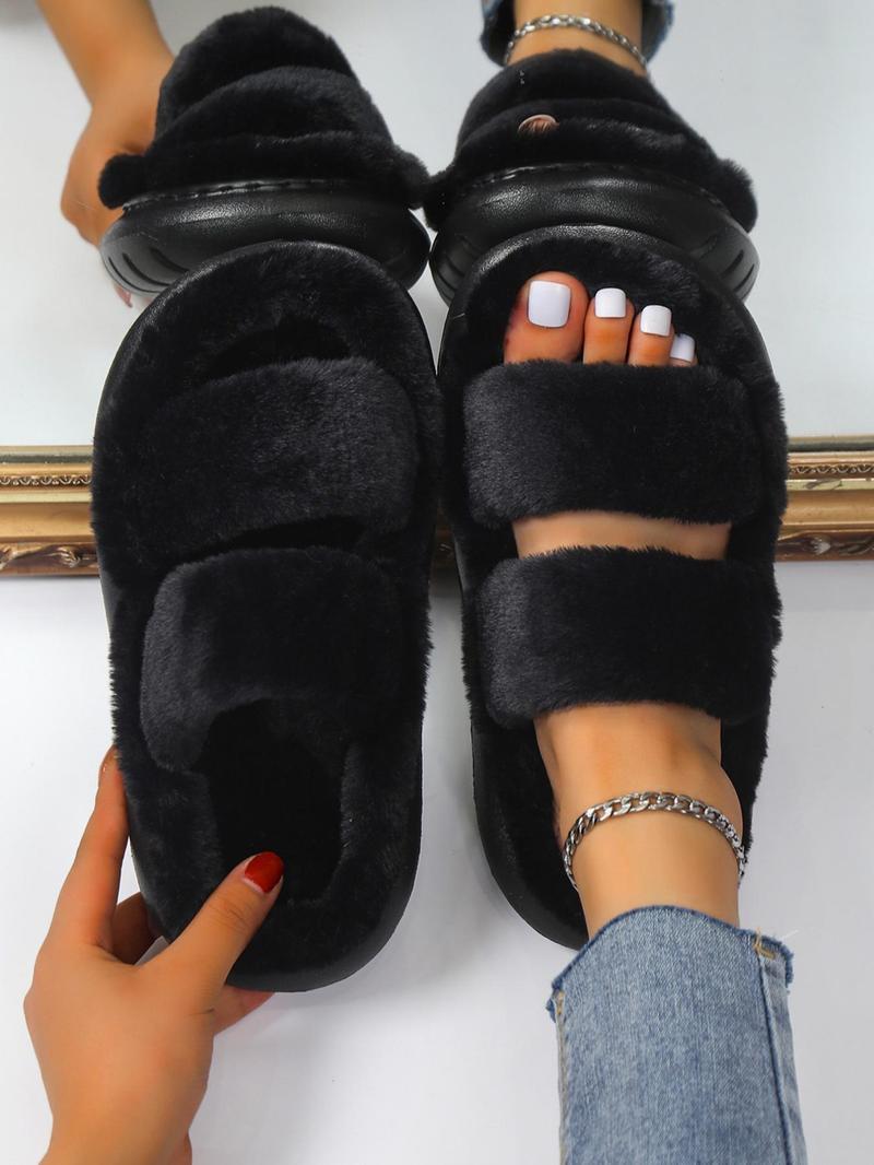 Women's Summer Comfort Solid Color Fluffy Slide Slippers, 2025 Summer Double Strap Bedroom Slippers, Girl Casual Soft Plush Home Slippers, Footwear & Walking Shoes, Flat Shoes Sandals