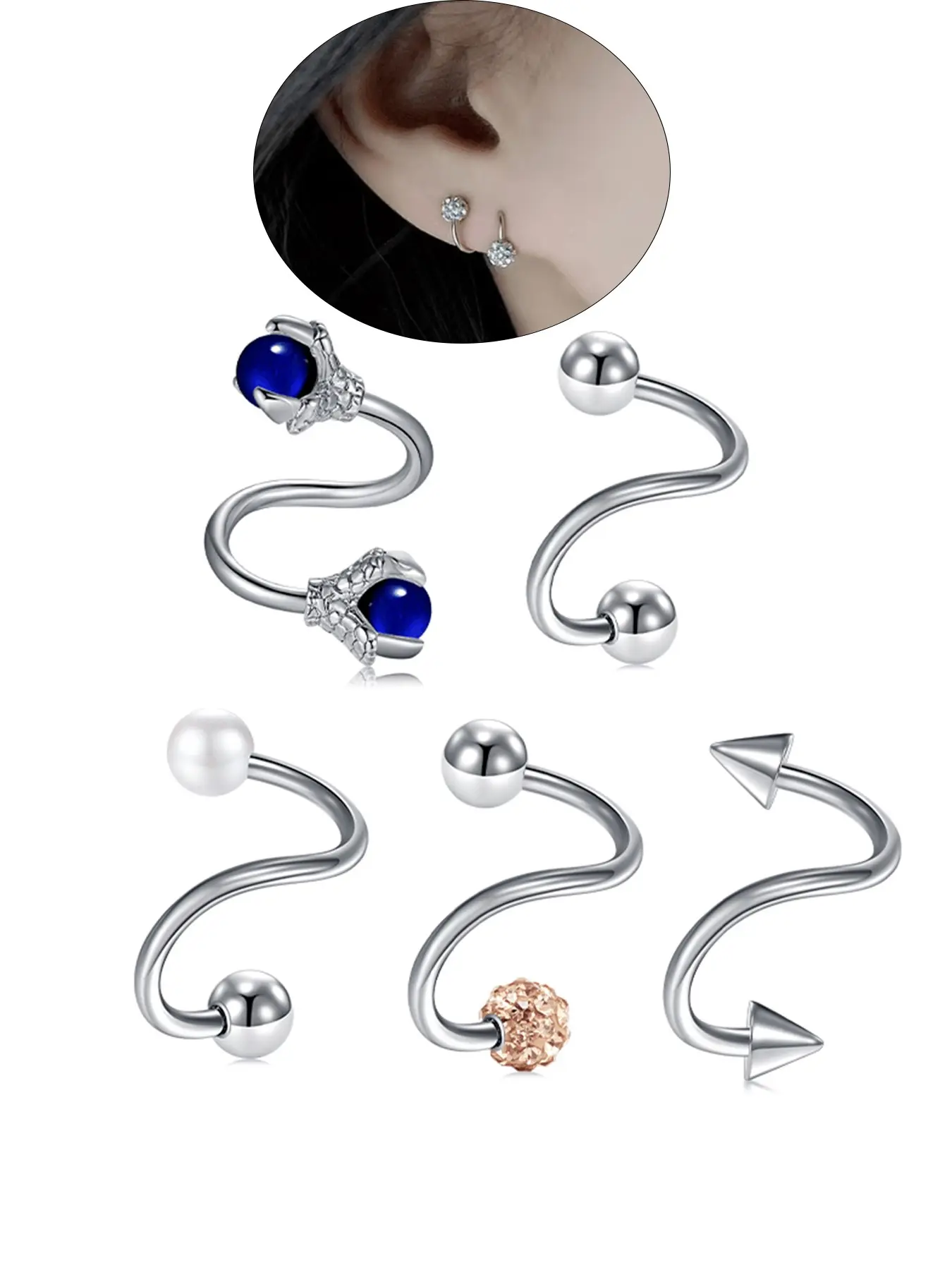 5pcs 16g Twisted Spiral Lip Rings, Stainless Steel Hoops, Cartilage Helix Tragus Earrings, Lip Eyebrow Labret Septum Smiley Rings, Piercing Jewelry, Helix Pierced Ring