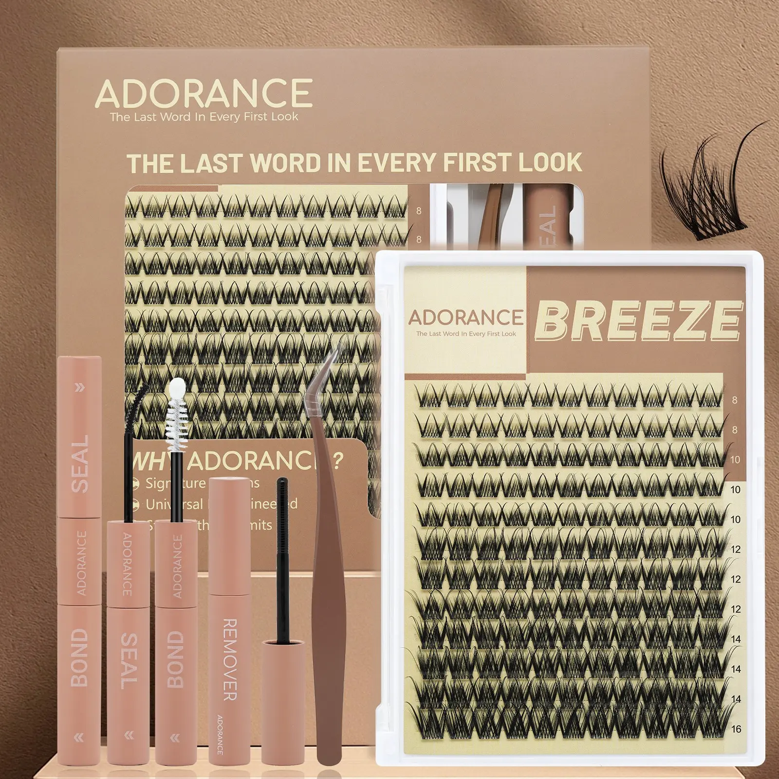 ADORANC Breeze Lash Clusters Kit with Bond & Seal, Remover & Lash Applicator, Wispy Fluffy D Curl Eyelash Extensions, Lightweight DIY Individual Cluster Lashes for Natural Everyday Look