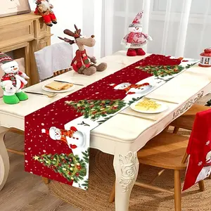 Christmas Theme Table Runner, Snowman and Tree Design, Polyester Material, 35x180cm, Centerpiece for Holiday Parties, Kitchen and Living Room Decor