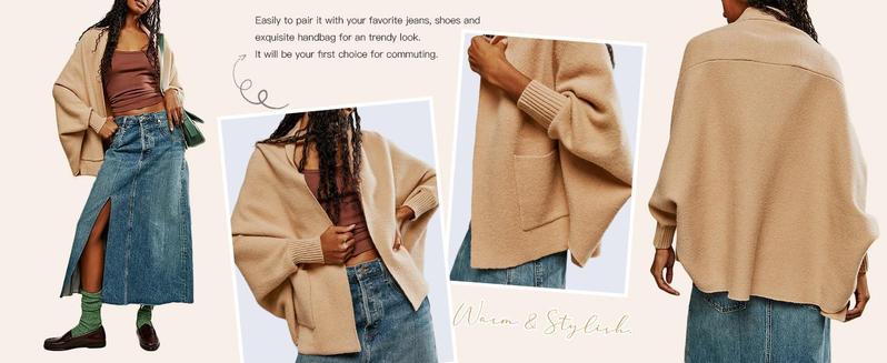 【New】Womens Open Front Cardigan Batwing Long Sleeve Shawl Chunky Knit Loose Fall Poncho Sweater Coats