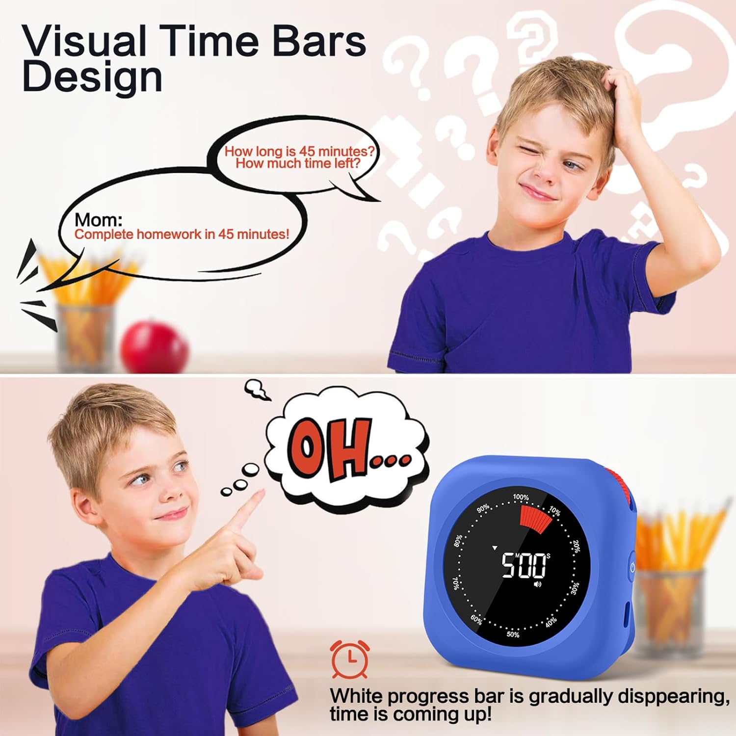 Visual Timer for Classroom Rechargeable, 10-Hour Digital Timers with Visual Time Bars Design, 3 Brightness/3 Volume Adjustable  Timer, Countdown/up Timer for Study  Gym Kitchen Office