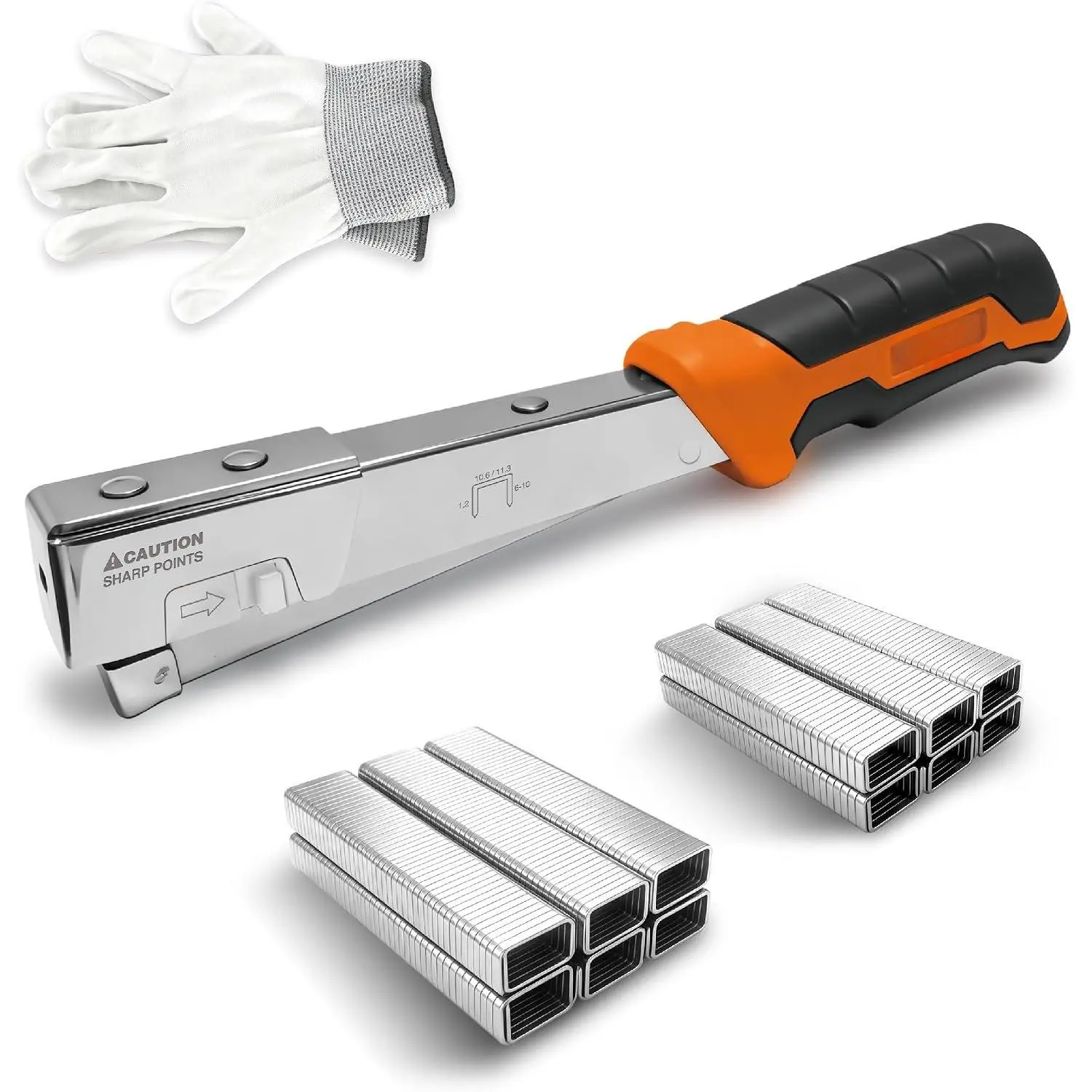 Compact Hammer Tacker Stapler Kit, -Steel with Jam-Resistant Mechanism, with 1200 T50  (1/4 in & 5/16 in) and Work Gloves for House Wrap, Insulation & DIY 1050301