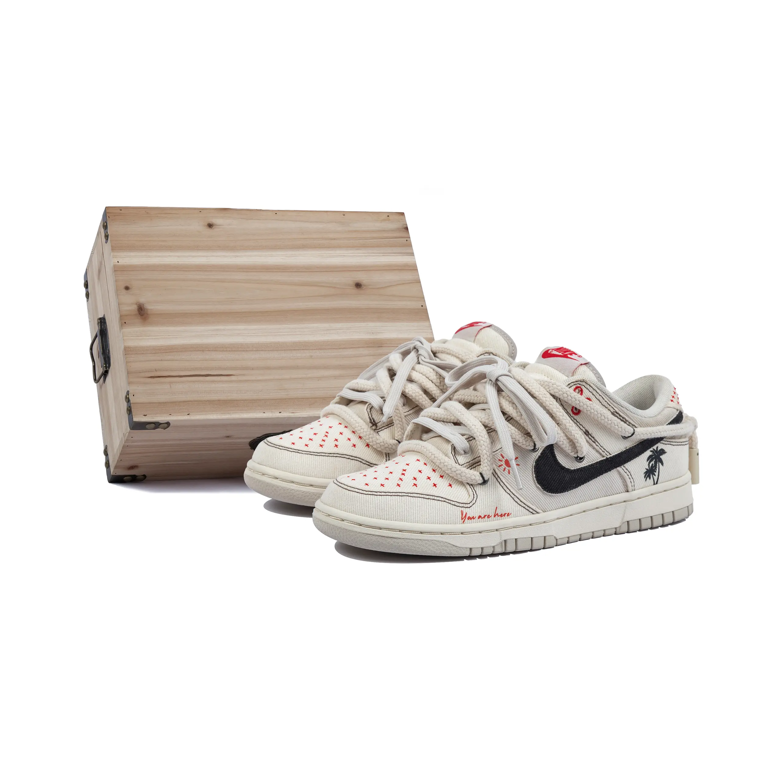 Nike Dunk Low Custom Sneakers – Beach White Deconstructed Dual-Lace Design, Unisex, Special Packaging Verifiable, with credentials and supporting global authentication