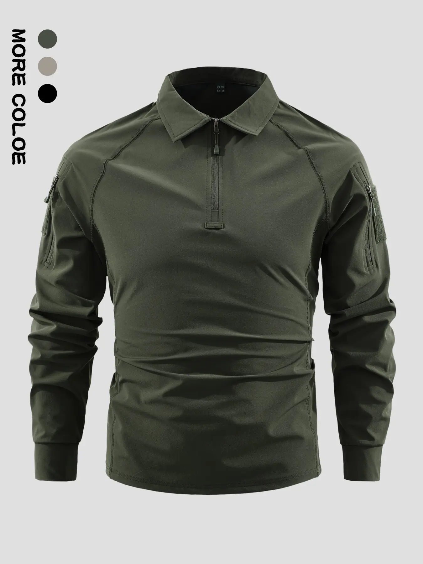 Men's Tactical Outdoor Sportswear Long Sleeve T-Shirt, Stand Collar Multi-Pocket, Breathable, Durable, Quick-Dry, Elastic, Suitable for Fall Winter