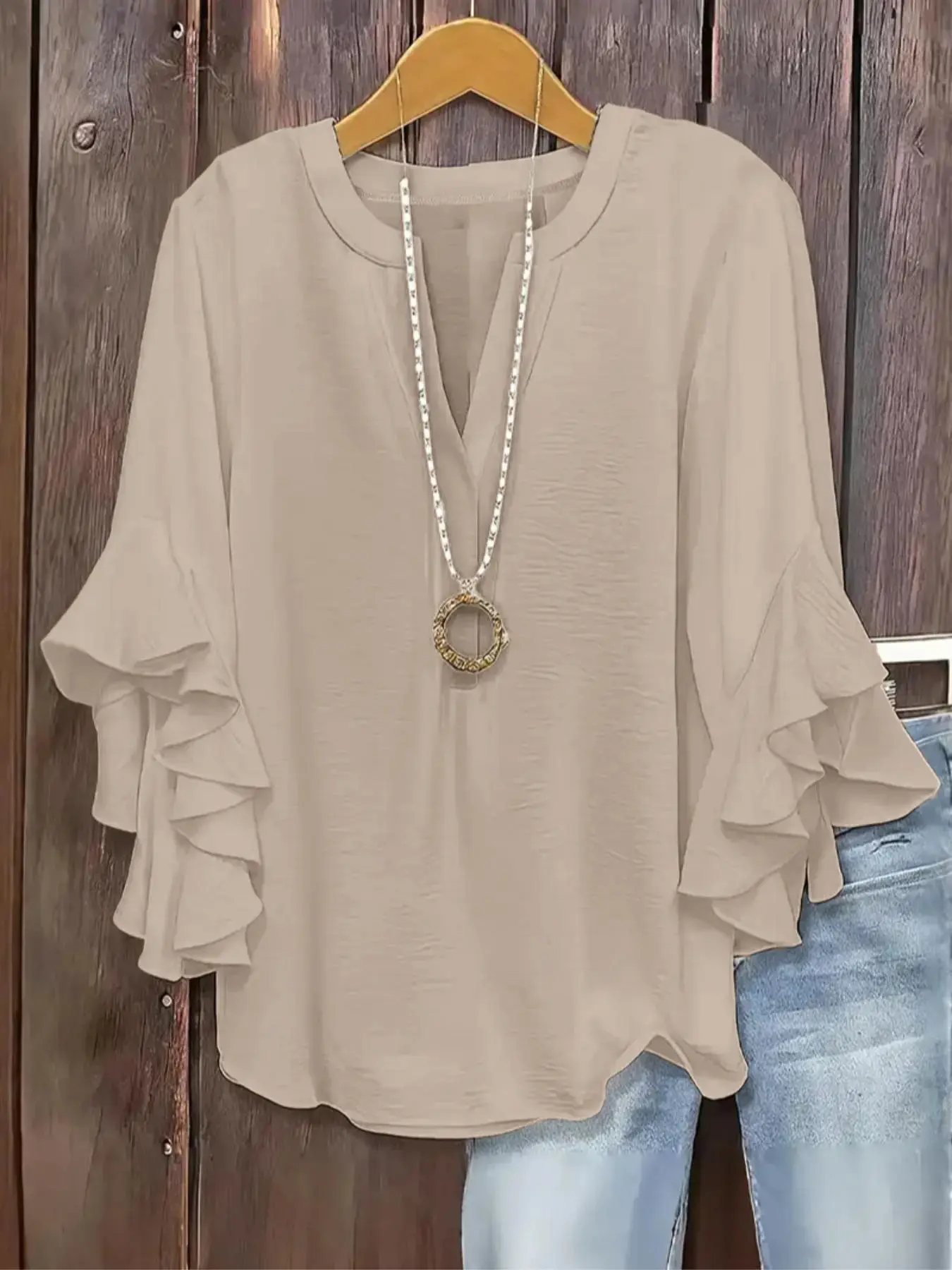 Plus Size Women's Ruffled Sleeve V-Neck Shirt Blouse Tops, Elegant Floral Design, Comfortable and Stylish, Perfect for Casual Wear