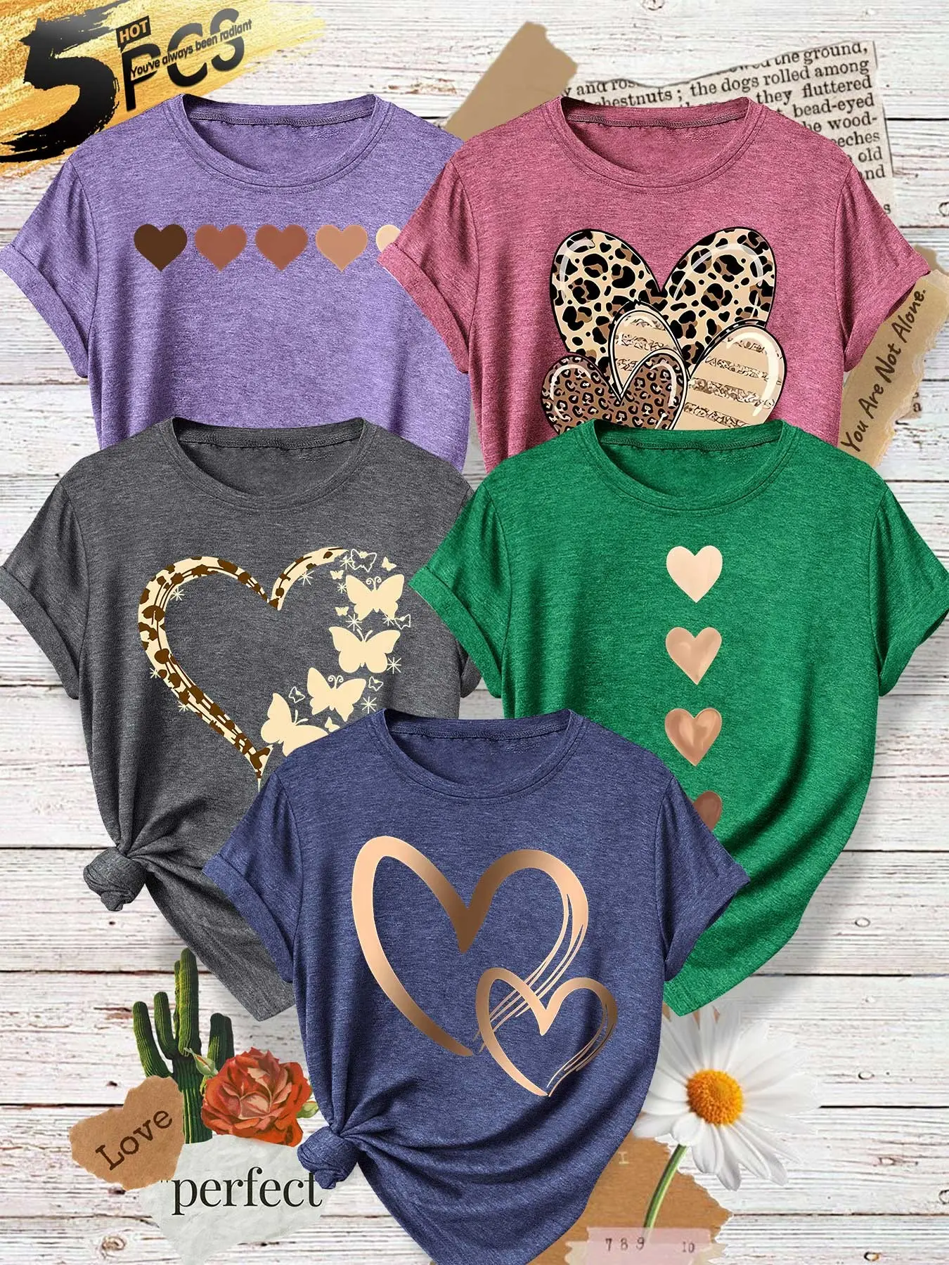 Five-Piece Women's Round Neck T-Shirts, Leopard Print Heart Butterfly Vintage Design, Soft Fabric, Casual Summer Top