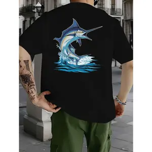180g[100%cotton]Men'S Casual Marlin Pattern T-Shirt - White, Short-Sleeved, Made of Polyester, Summer T-Shirt, Featuring a Jumping Splash Print, Machine Washable, Marlin Design, T-Shirt