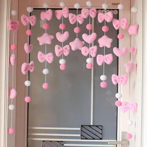 Cute Plush Bow Door Curtain, Kawaii Fluffy Bow Star Pentagon Garland, Bedroom Window Wall Party Decor, DIY Required
