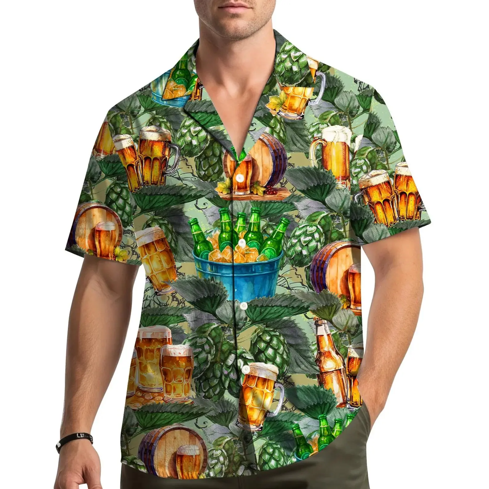Men Short Sleeve Hawaiian Shirt Green Beer Pineapple And Barrel Print Summer Beach Vacation Casual Aloha Shirt