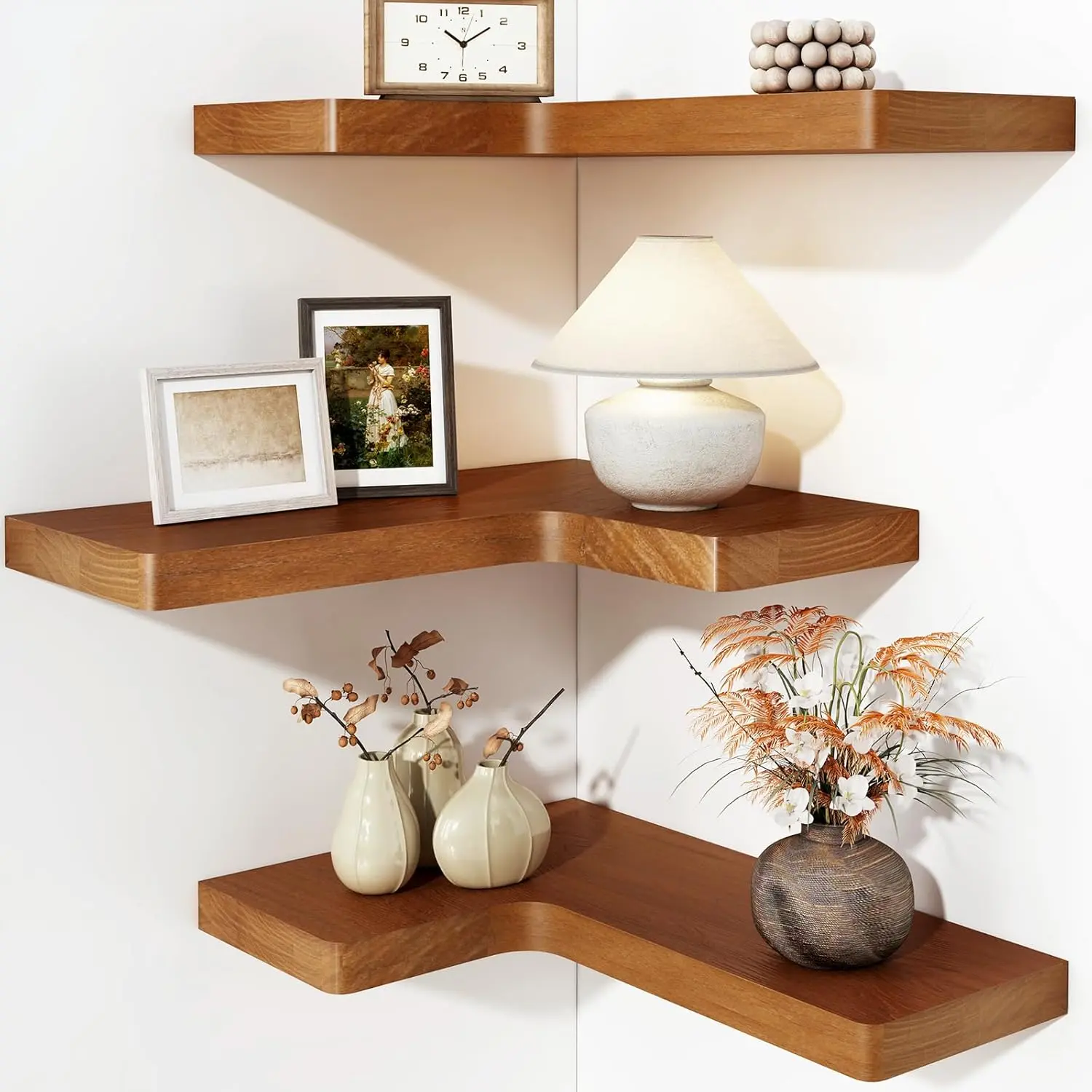 Rustic Brown 3-Piece 1-Layer Natural Wood Corner Floating Shelf Set, 16"x11.4" Wall-Mounted Farmhouse Home Decor Wall Display Shelving for Living Space Organization, Corner Shelf