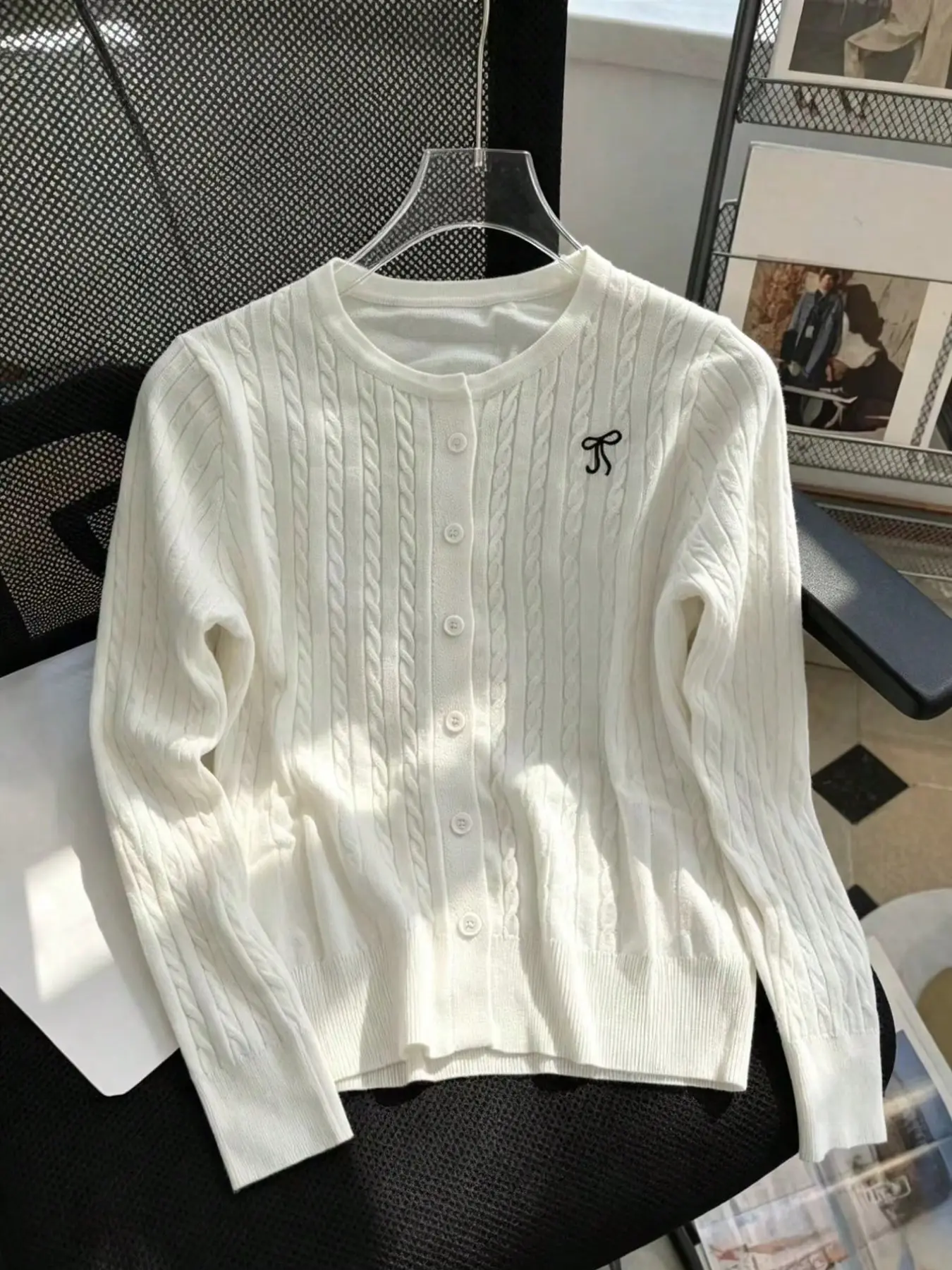 Sweet Embroidered Bow Knit Sweater, Simple Round Neck Long Sleeve, Fall Winter Open Front Cardigan, Casual Streetwear