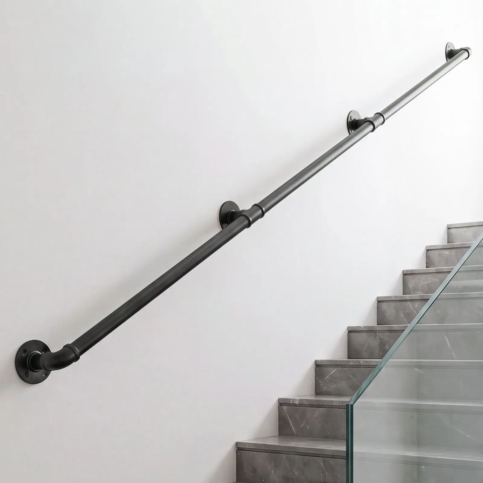 VEVOR Wall-Mounted Stair Handrail, 10 ft 440 lbs Load Black Metal Railing, for Indoor Steps, Loft, Porch & Hallways, Heavy-Duty Industrial Carbon Steel Hand Rail, Round Tube, with Mounting Hardware