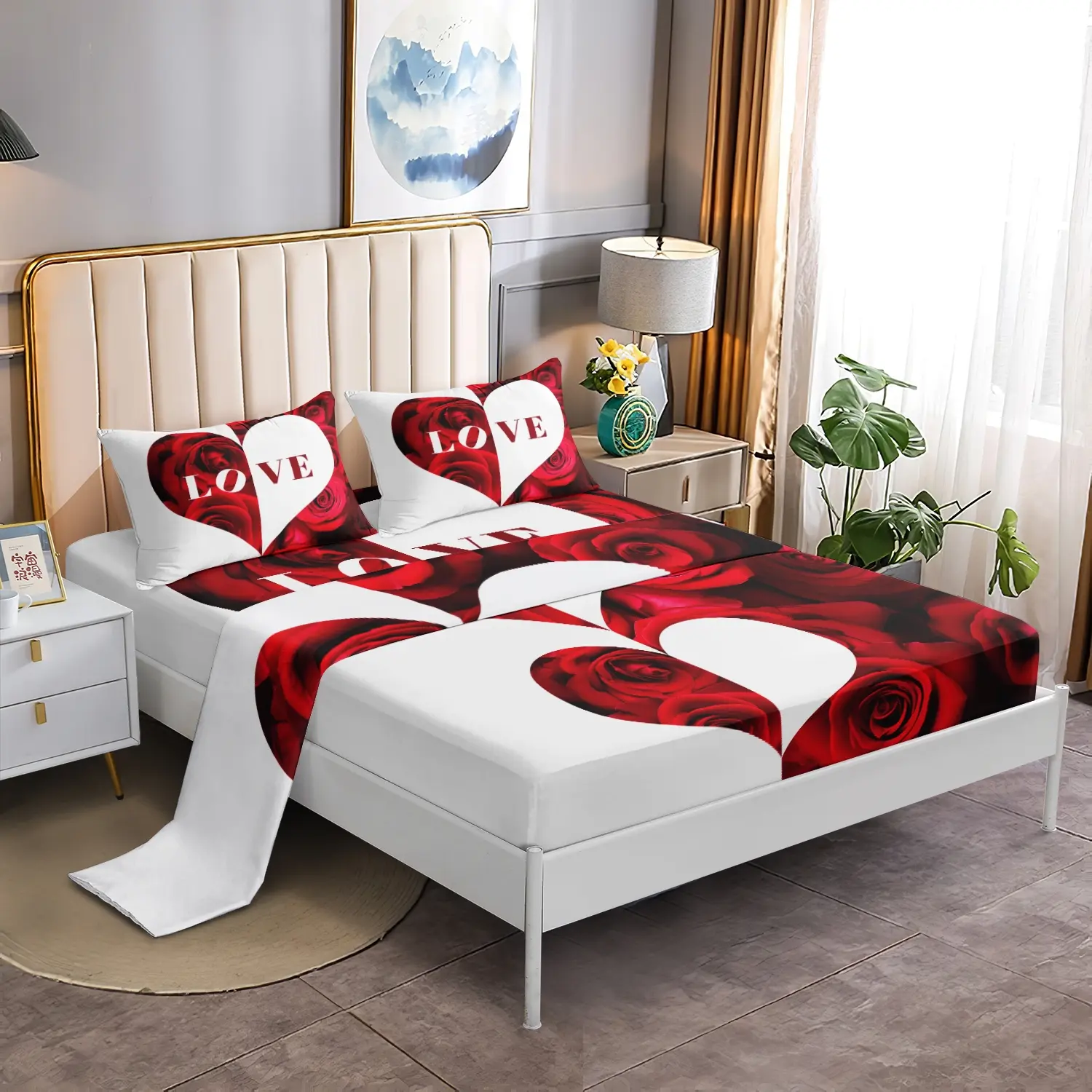 4Pcs Romantic Red Rose Love Heart Printed Bed Sheet Flat Set, Soft Microfiber Valentine Flower Floral Bedding Decor Included 1*Fitted Sheet & 1*Flat Sheet & 2*Pillowcase Bedding Sets