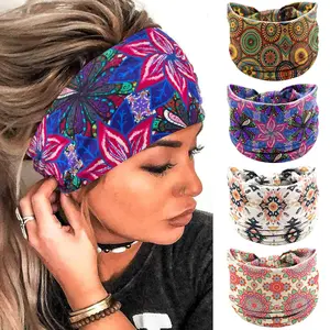 Wide Boho Headbands Floral Stretch Head Wraps African Butterfly Hairbands Knotted Bandana Headband Yoga Turban Head Scarfs Workout Hair Accessories for Women 4Pcs (Trendy, 9.4 * 5.9'')