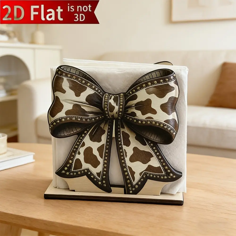 Vintage Horse Hoof Wooden Napkin Holder, Western Style Desk Decor, Cow Print Bow Design, Creative Tabletop Organizer, Moving Gift