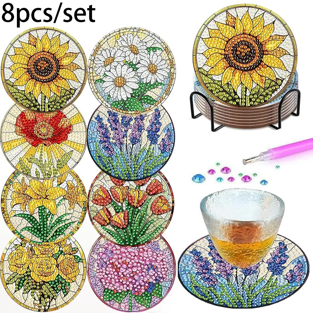 8-Piece Diamond Art Coasters Set with Stand, DIY Flower Pattern, Perfect for Adults and Beginners, Elegant Gift for Friends