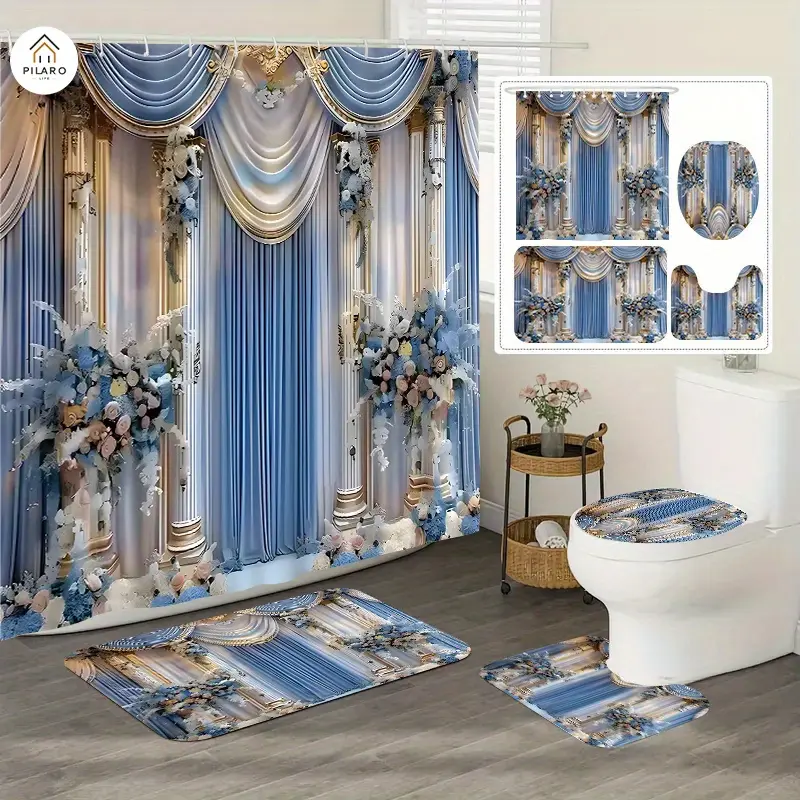 4-Piece set of gorgeous swan curtain stage printed shower curtain, decorative bathroom set, barrier shower curtain, non-slip floor mat, toilet U-pad, toilet cover mat, bedroom decoration, home decoration, bathroom decoration and accessories, perfect gift