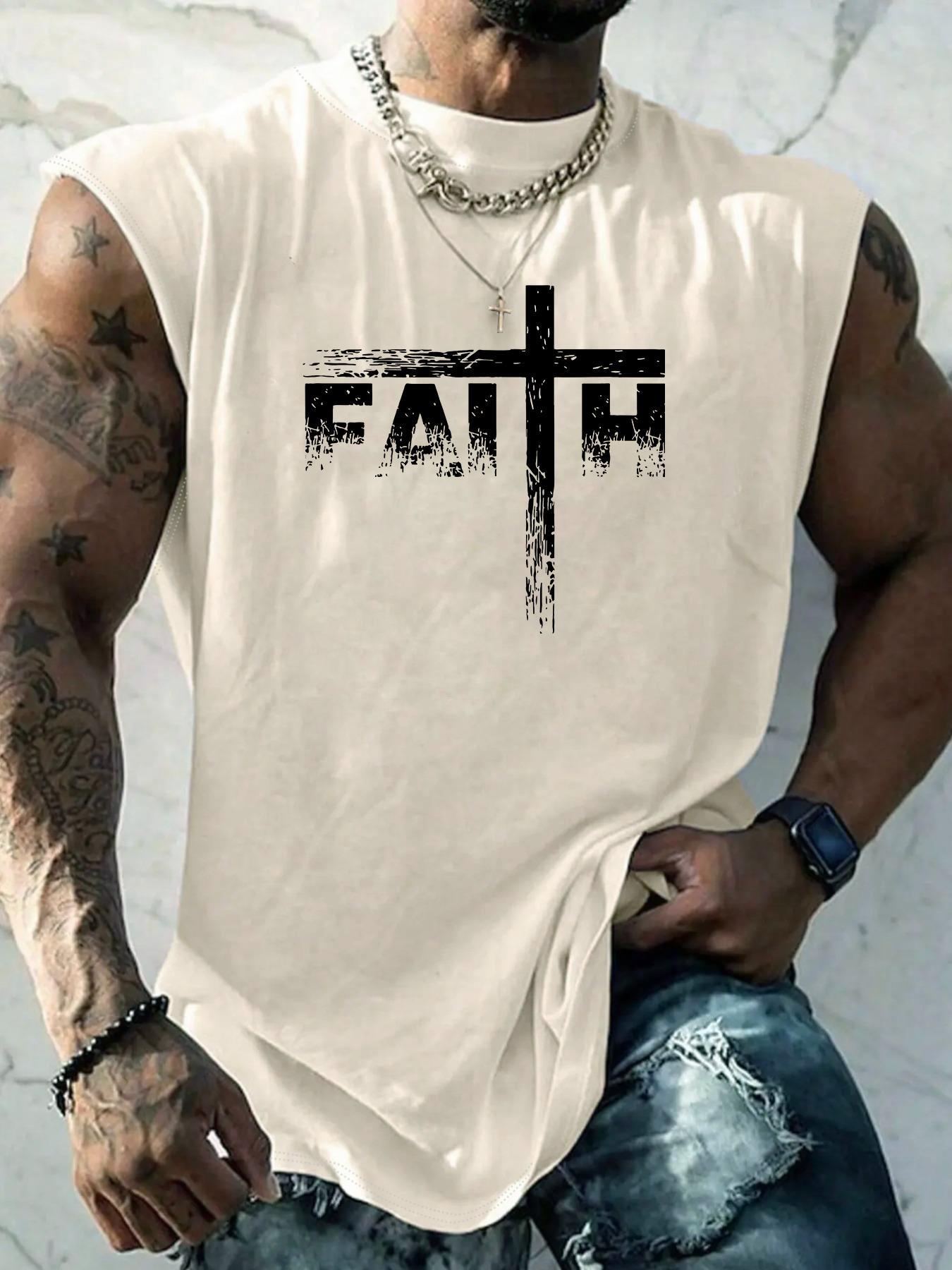 Men's Letter Print Cross Graphic Tank Top, Regular Fit Casual Comfy Sleeveless Breathable Top for Summer, Breathable Sleeveless Tops, Men's Clothes for Daily Wear, Socks