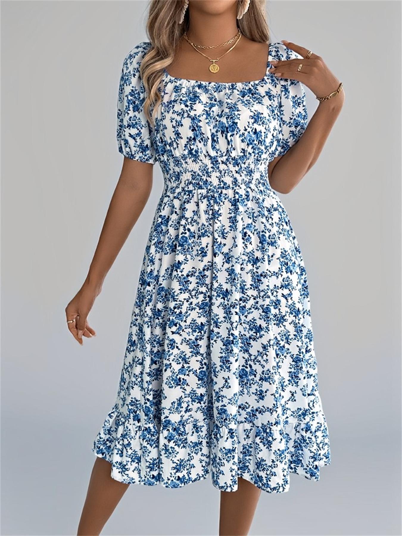 Women's Ditsy Floral Print Shirred Ruffle Hem Dress, Boho Fashion Cute Square Neck Puff Sleeve Knee Length Dress for Holiday Daily Wear, Ladies Dress for Summer