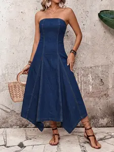 Summer Elastic Dress Women's Strapless Denim Midi Dress, Waist Cinch Asymmetrical Hem A-Line Long Dress, Deep Blue Washed Beach Party Dress