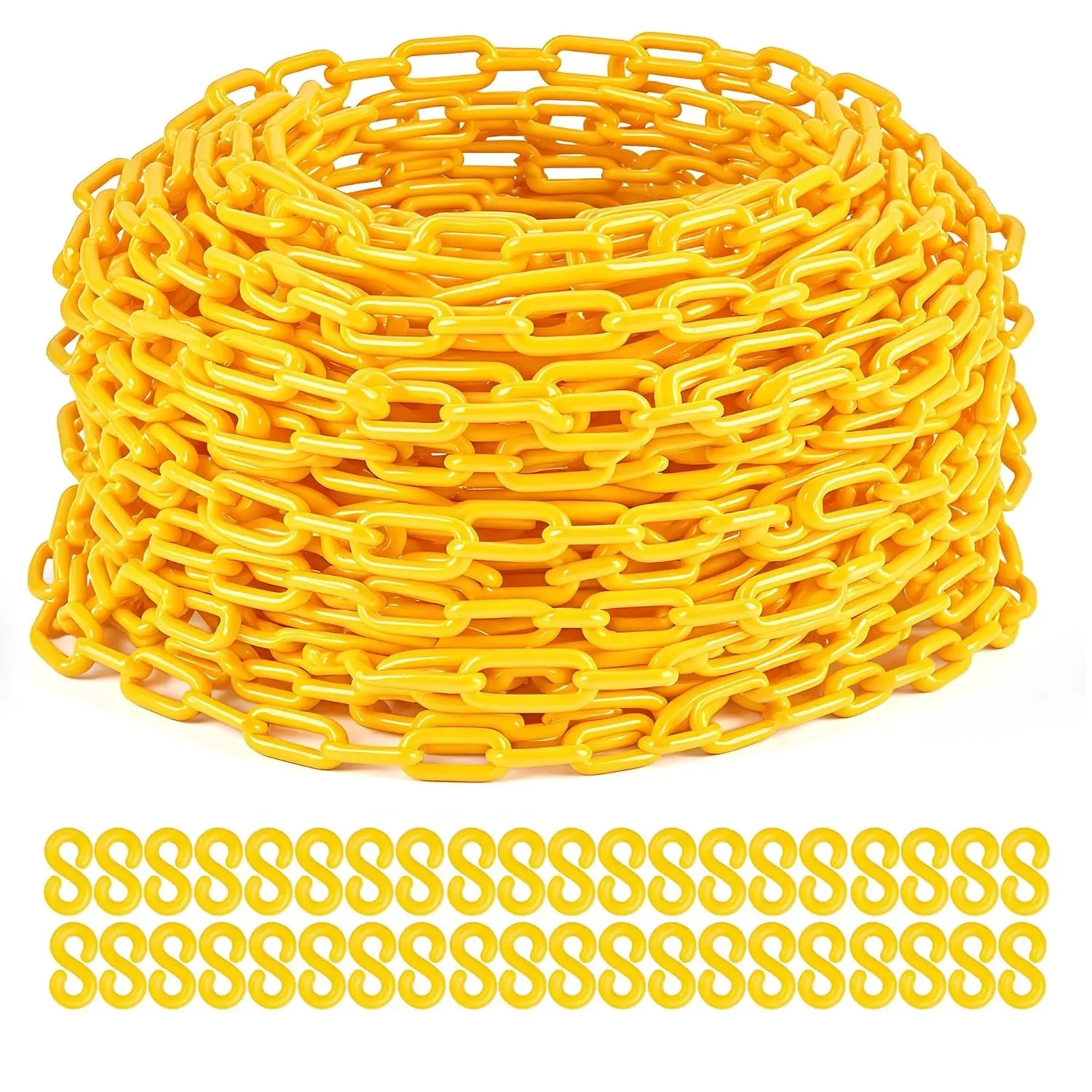 Yellow Plastic Chain Links with 40 S-Hooks, 200Ft Safety Chains
