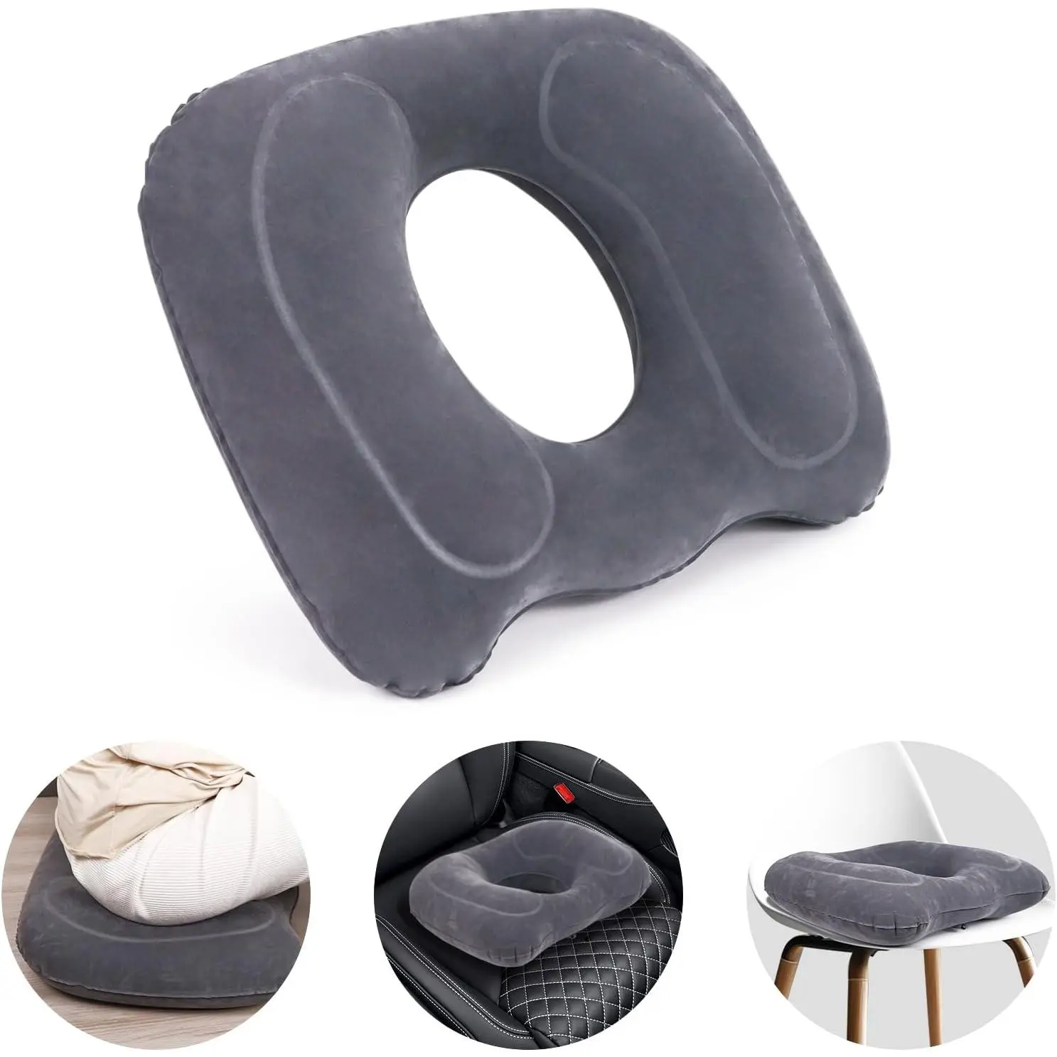 Inflatable Hemorrhoid Pillow, Inflatable Donut Cushion for Sitting| 17.7" x 15.4" Donut Pillow for Tailbone Pain, Inflatable Seat Cushion for Bed Sores, Car, Airplane, Travel, Grey