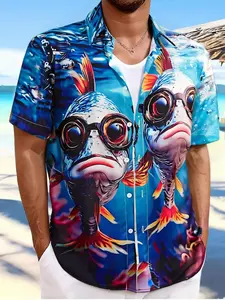 Men's Fish Print Short Sleeve Shirt, Regular Fit Casual Button Front Top for Summer, Men's Clothes for Beach Vacation, Menswear, Funny Shirts, Animal Shirt, Funny Humor Shirt