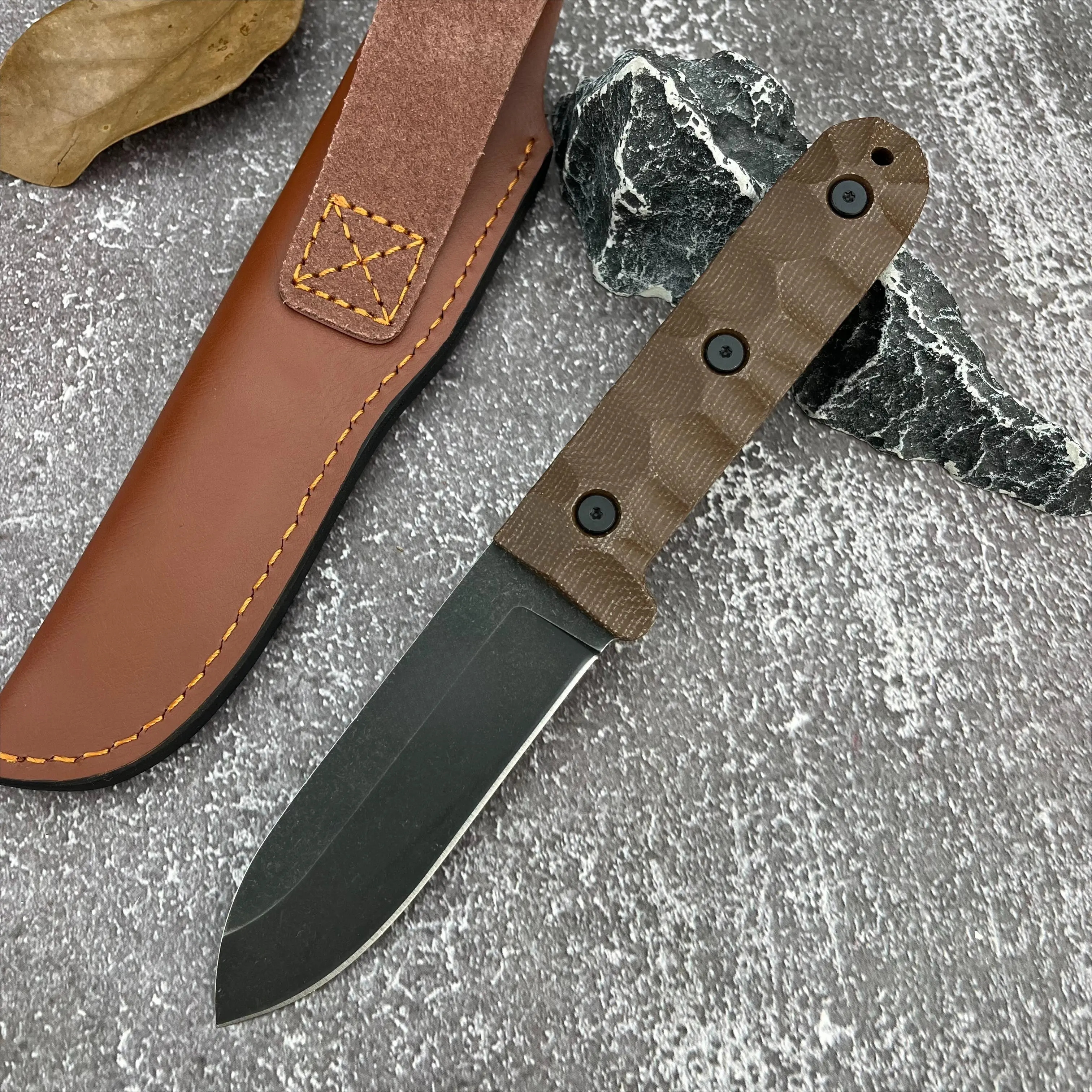 ES PR4 Outdoor Multi-Function Fixed Blade Knife - D2 Steel Blade (2.8 mm Thick, 162 g), Linen Handle, Leather Sheath, cm Size Camping EDC Tool for Hiking, Fishing, Ideal Gift for Men