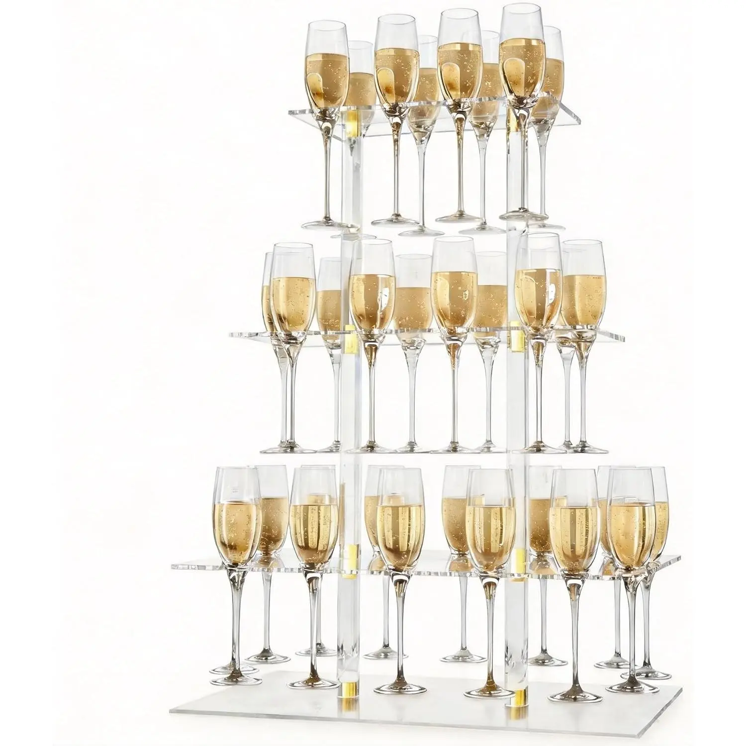 Champagne Display Holder Stand for Party, 3 Tier Clear Acrylic Wine Glass Stemware Rack Martini Flute Holder with Led Light, Cocktail Tree Stand for Drinks, 32 Slots, Measures 26" x 20" x 12"