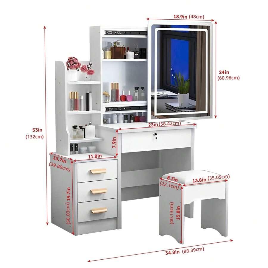 34.8" Elegant White Makeup Vanity Desk With Sliding Lighted Mirror & Touch Control 3-Color Adjustable Lights, 4-Drawer Dressing Table Set With Stool, Storage Shelves – Modern Space-Saving Vanity Table For Bedroom