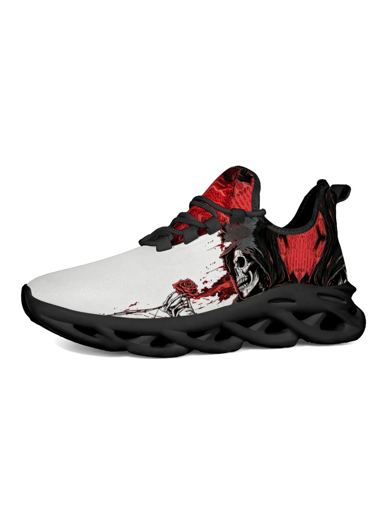 Grim Reaper Skull Red Rose Graphic Print Mesh Fashionable Running Shoes for Men Women, Dark Gothic Blood Splash Art Lightweight Hollow Wave Sole Sneakers, Breathable Lace Up Casual Walking Trainers, Punk Street Non Slip Footwear