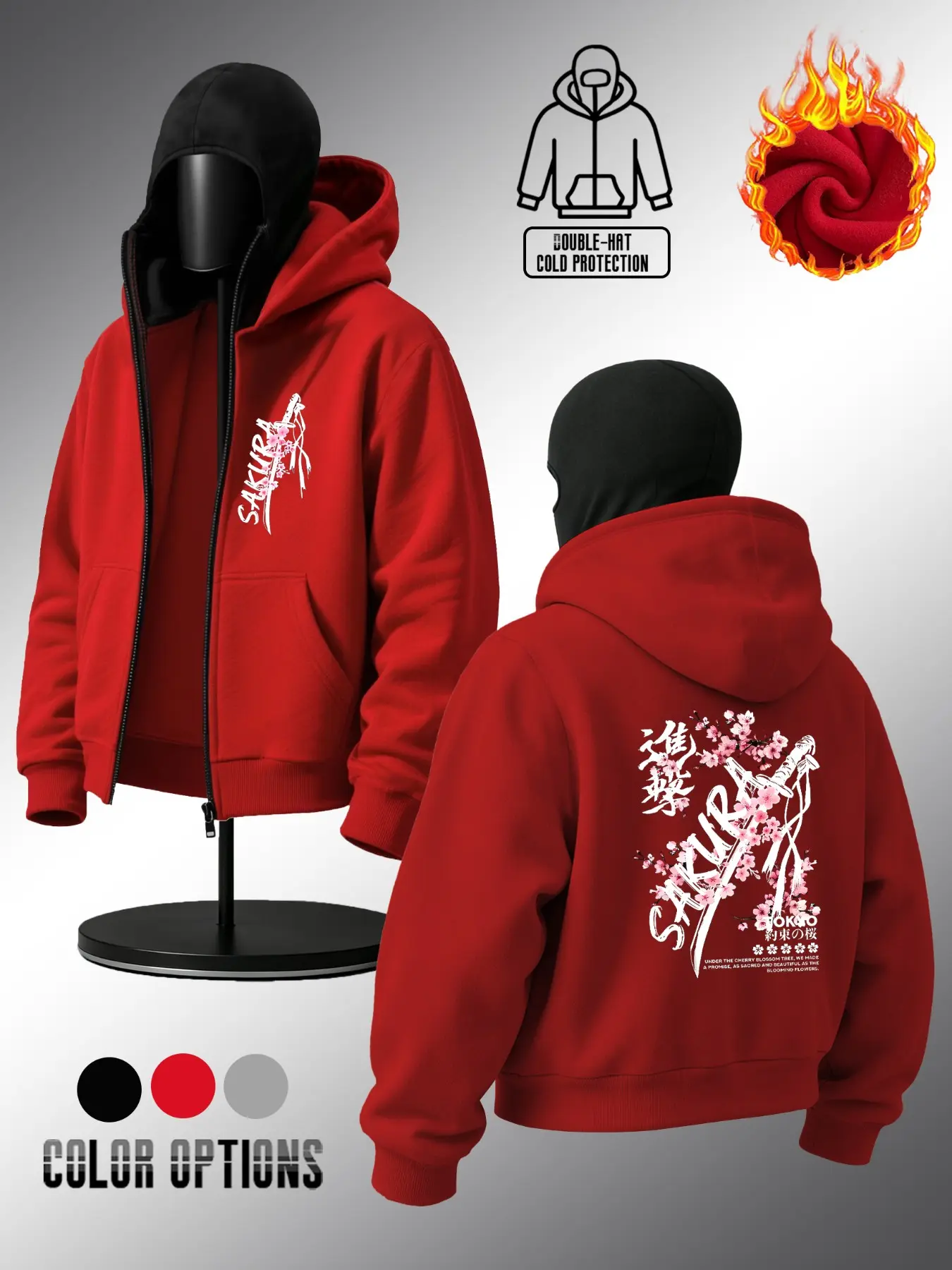 Trendy Men's Fashion Hooded Sweatshirt, Japanese Cherry Blossom Samurai Sword Print, Casual Fall & Winter Streetwear, Slim Fit