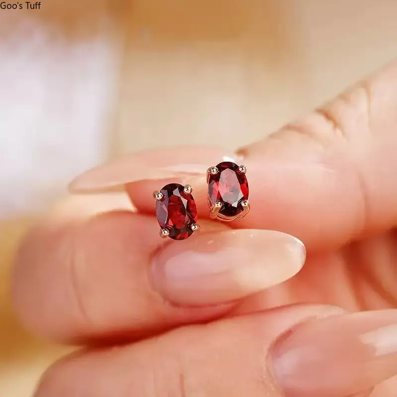 Unisex Minimalist Pigeon Blood Red Garnet Zircon Stud Earrings, Rose Gold Costume Jewelry for Daily, Dating Outfits