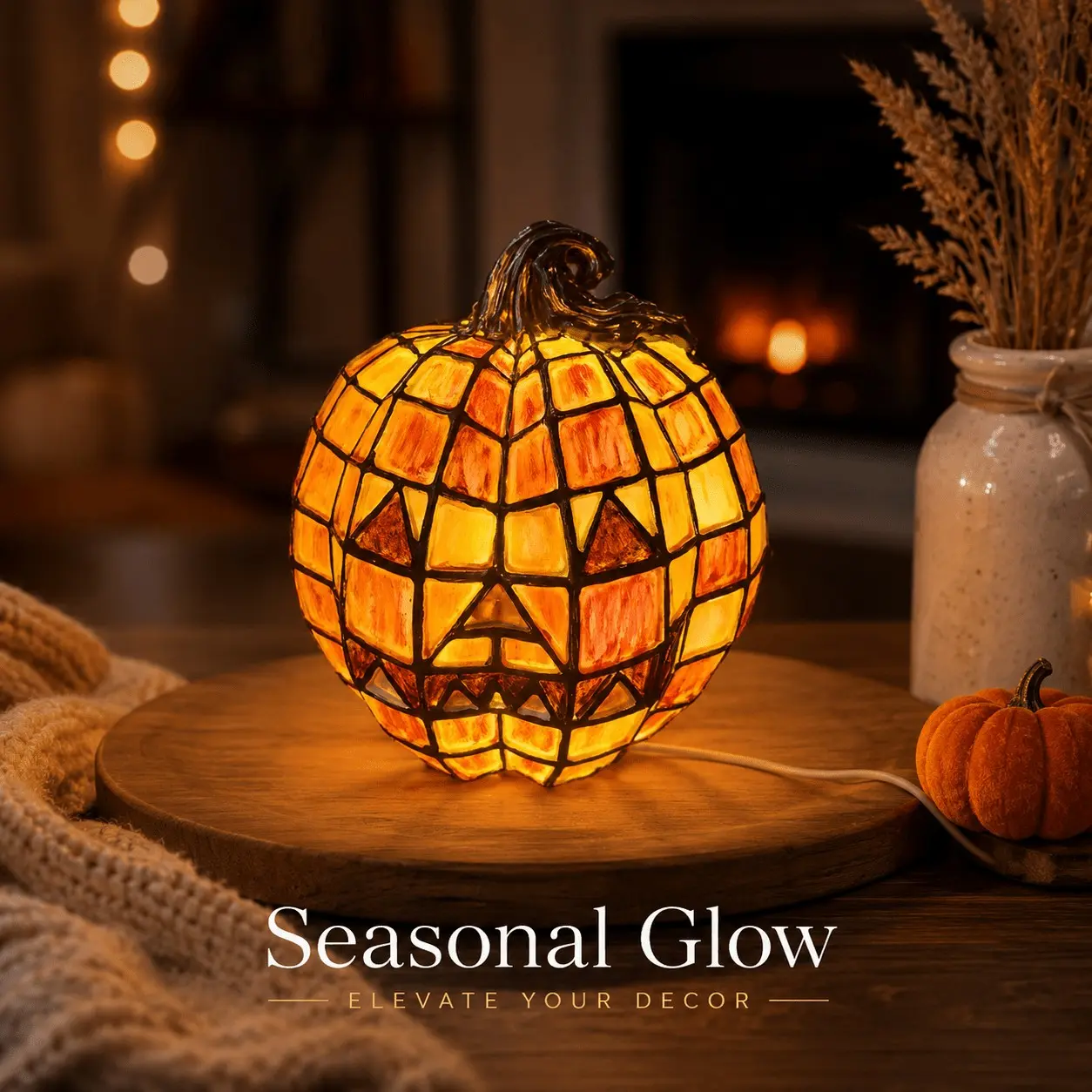 1 PC Resin Halloween Jack-o'-lantern, USB Powered Mosaic Stained Glass Grimace Pumpkin Night Light with Vintage Stem, Warm Light Desktop Lamp. Home Decor for Fireplaces & Desks during Halloween, Autumn and Thanksgiving. Unique Fall Holiday Gift Decor Lamp