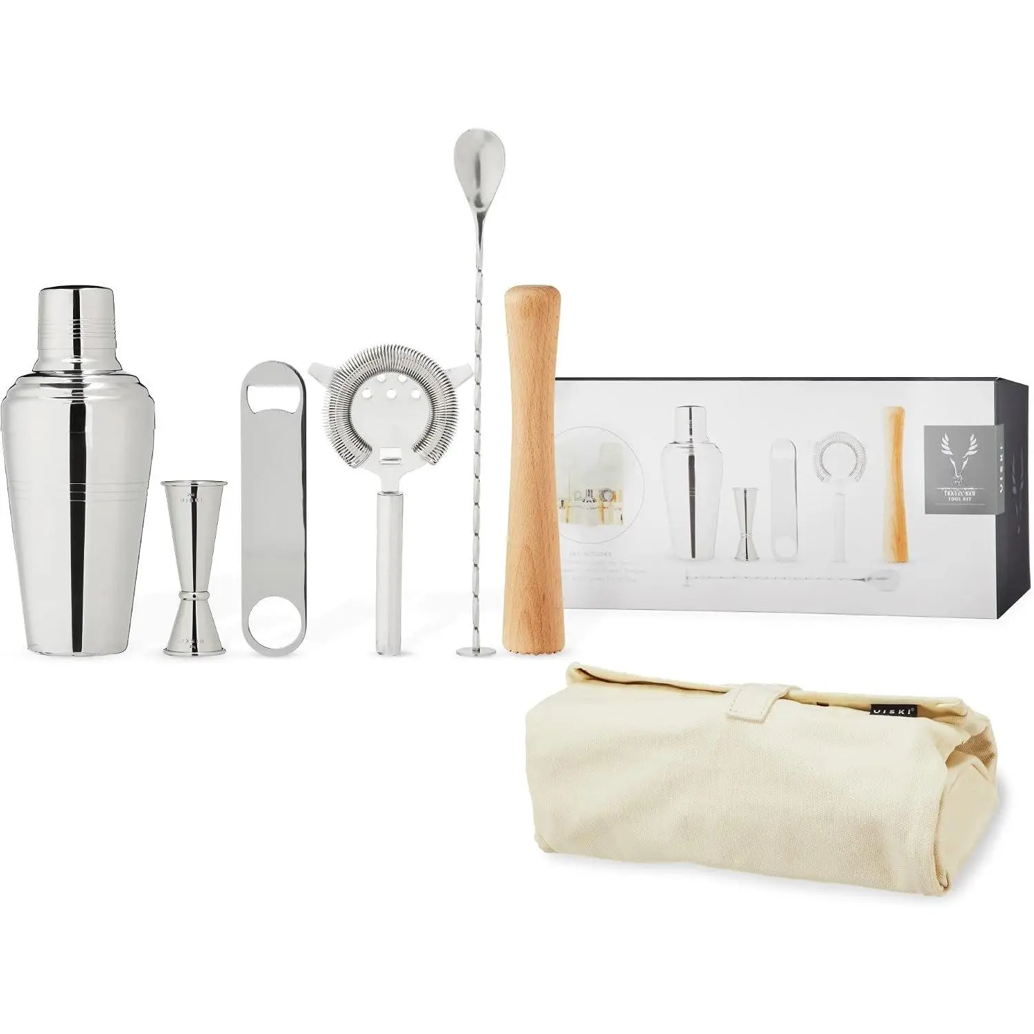 Travel Bartender Kit 6 count Set, Drink Mixers for   Essentials: Classic Cobbler Shaker, Hawthorne Strainer, Bottle Opener, Jigger, Barspoon, Muddler & Canvas Carry Bag