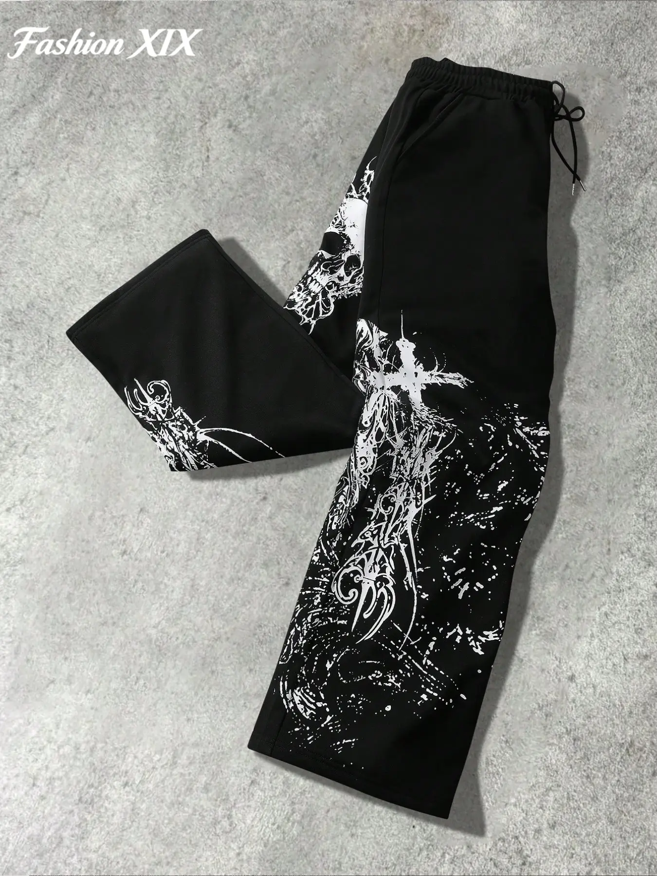 Unisex Spring Autumn Halloween Gothic Skull Cross Print Wide Leg Sweatpants, Loose Oversized Baggy Y2K Rare Aesthetic Streetwear Joggers, Dark Grunge Hip Hop Flared Trousers Bell Bottoms Pants For Teen Boys Girls Daily Casual Wear