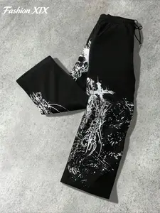 Unisex Spring Autumn Halloween Gothic Skull Cross Print Wide Leg Sweatpants, Loose Oversized Baggy Y2K Rare Aesthetic Streetwear Joggers, Dark Grunge Hip Hop Flared Trousers For Teen Boys Girls Daily Casual Wear