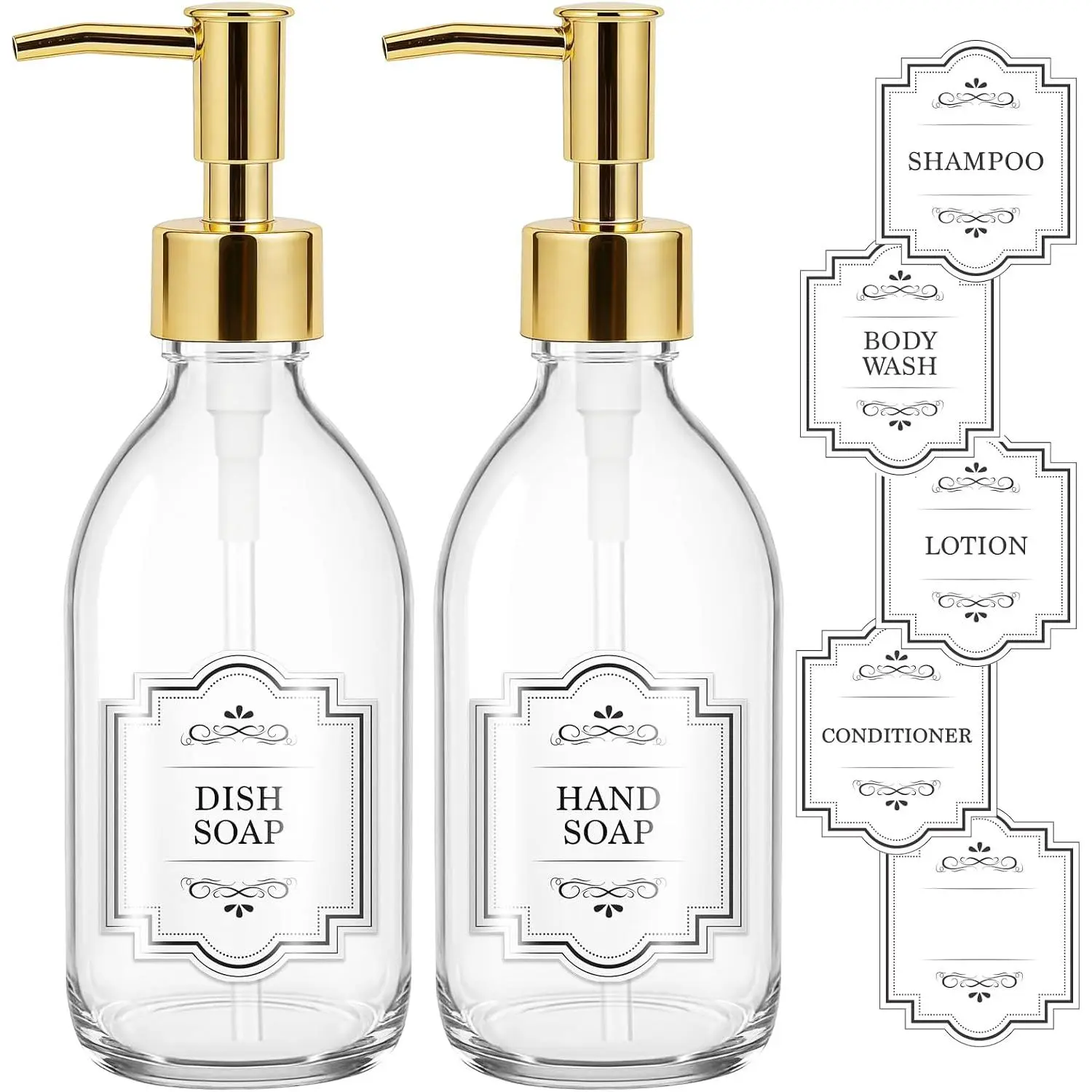 8 oz Small Glass Pump Bottle, Clear Empty Hand Soap Dispenser | Refillable Lotion  Oil Dispensers, Include Funnel, Labels - Plastic Golden Pump, , Thick Glass, 250ml 2 Pack
