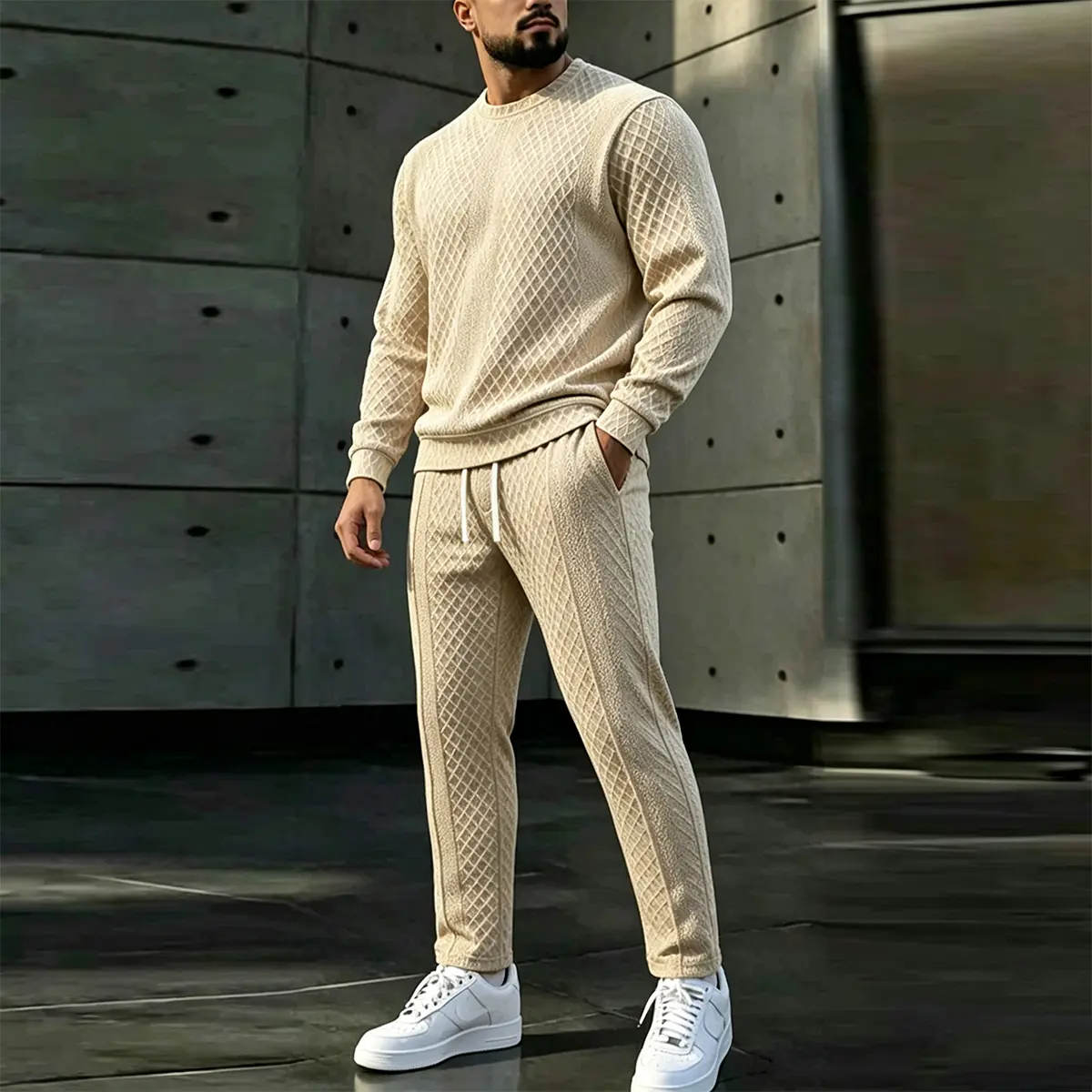 Minimal Urban Casual Men Solid Tone All Over Grid Jacquard Two Piece Tracksuit Non Binding Comfort Crew Neck Cut Ultra Soft Air Permeable Fabric With Loose Straight Trousers Suitable For Friend Gatherings Short Travels Leisure Activities
