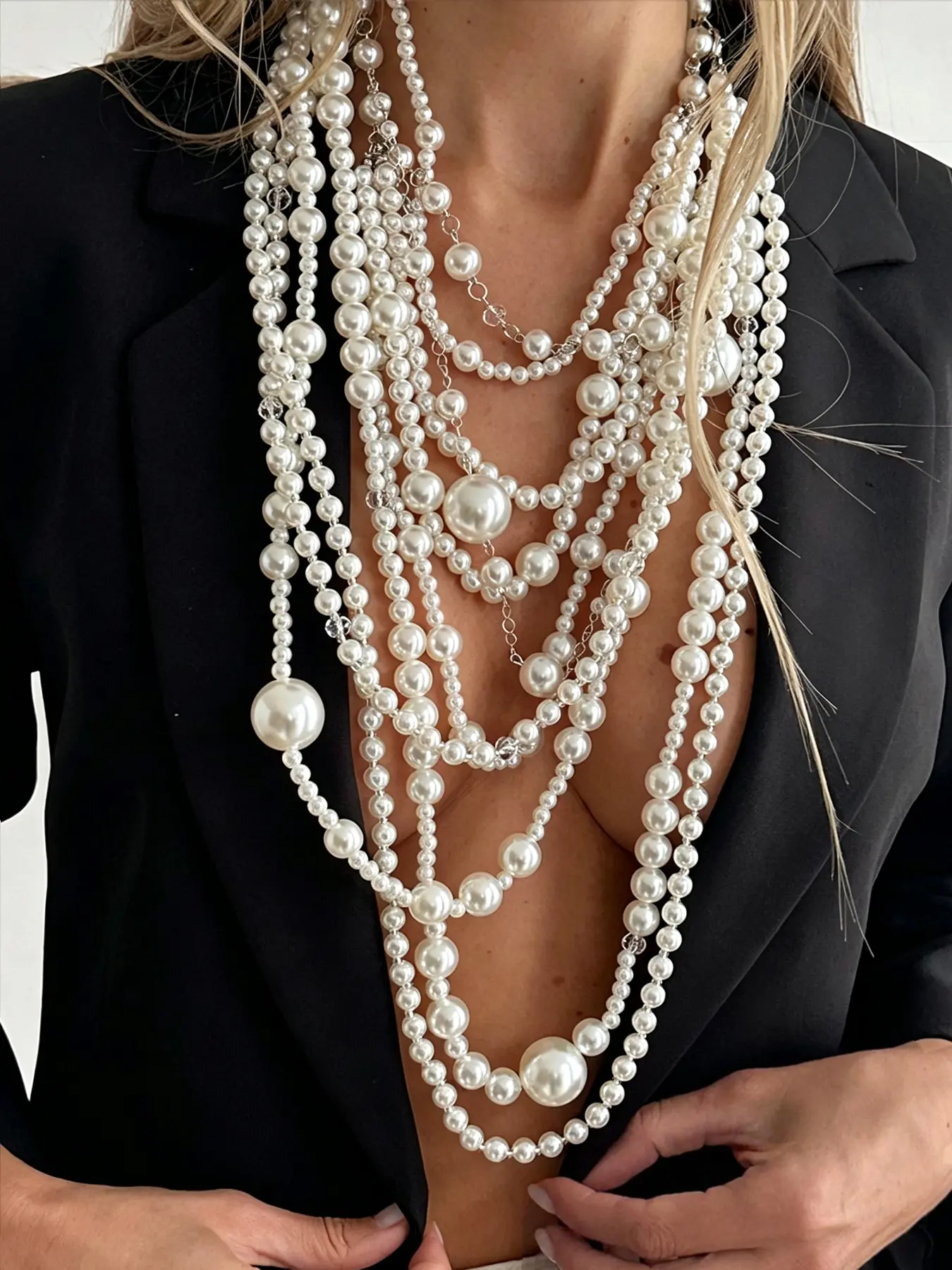 Vintage French multi-layer faux pearl necklace for women, Adjustable necklace, stacked pearl long neck chain, Stackable Chains, banquet party jewelry, formal dress accessories, wedding dating gift for ladies