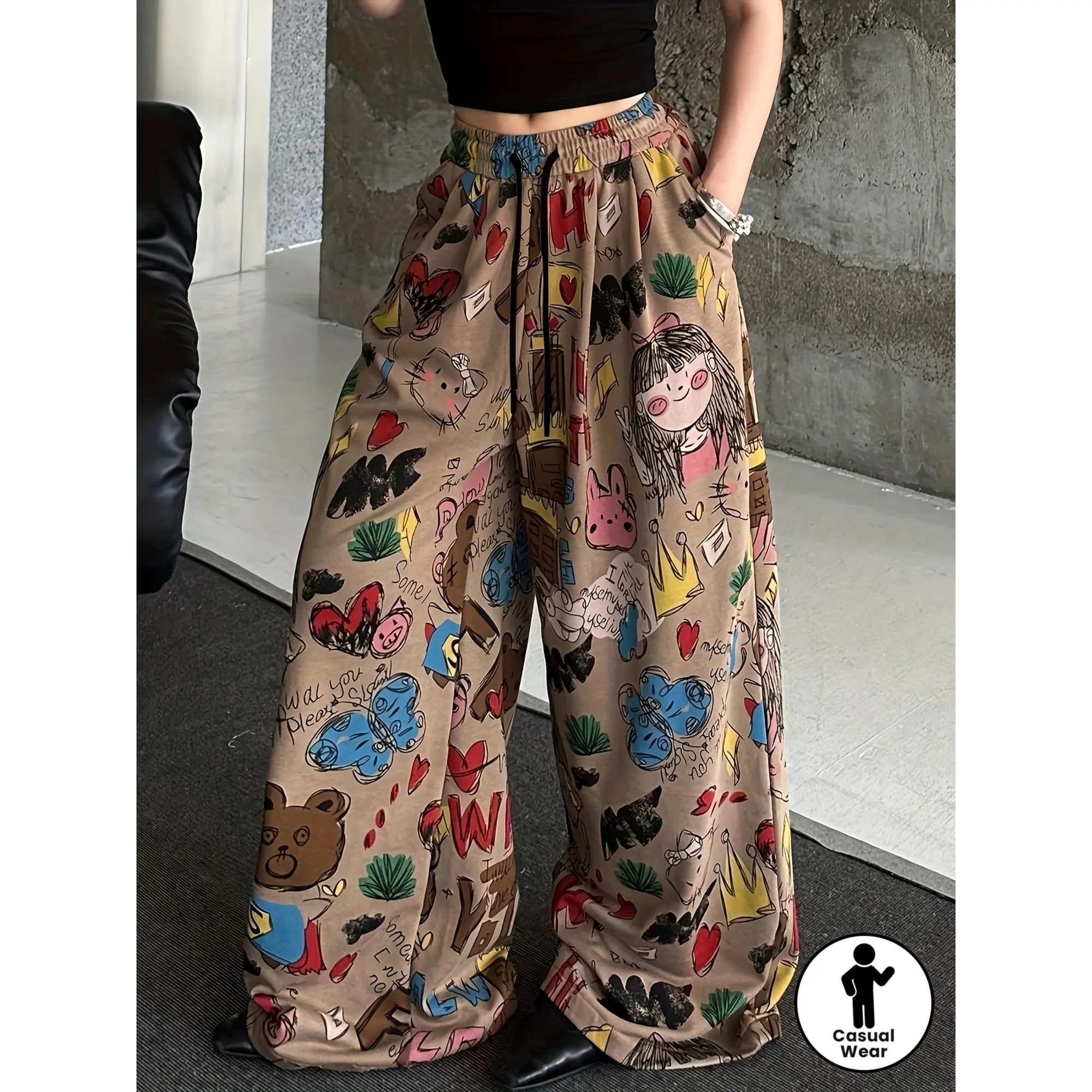 Y2K Women's Cartoon Print Wide-Leg Pants - Cute Bear & Heart Design, Loose Fit Casual Trousers, Machine Washable All-Season Comfort, Playful Outfit Choice, Soft Fabric Trousers