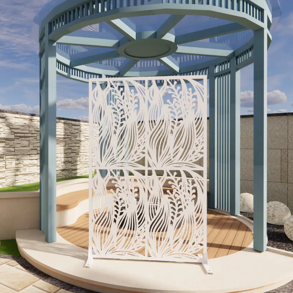6FT Tall White Single Panel Metal Privacy Screen - 3.8FT Wide Freestanding Leaf Pattern Decorative Divider, Weatherproof Steel, Easy Setup, for Patio, Garden Decor