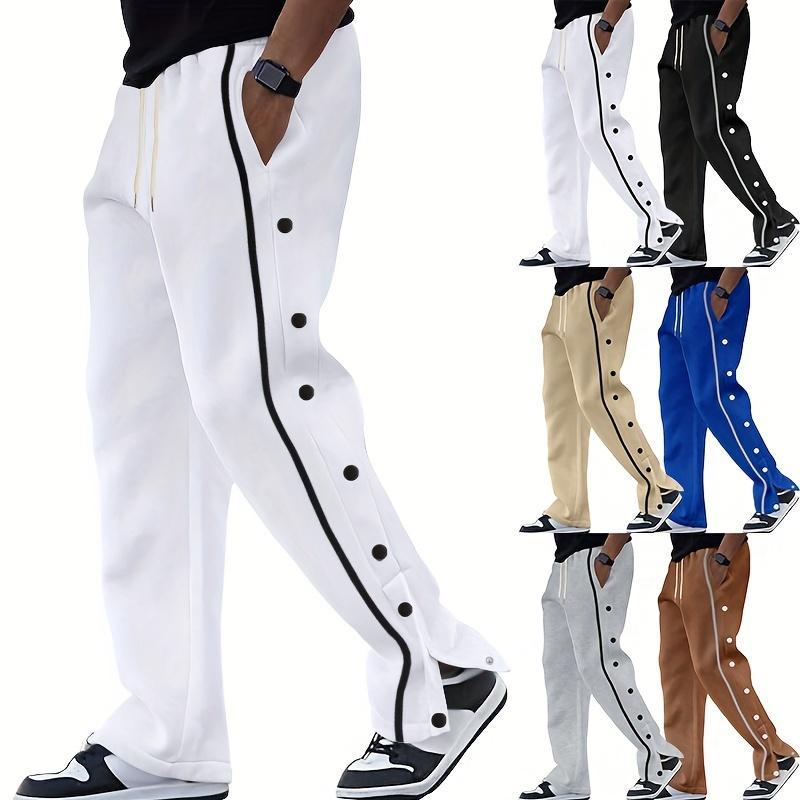Men's Casual Polyester Pants, Solid Color, Side Stripes and Button Details, Regular Fit, Drawstring, Suitable for All Seasons, Comfortable and Fashionable for Adults