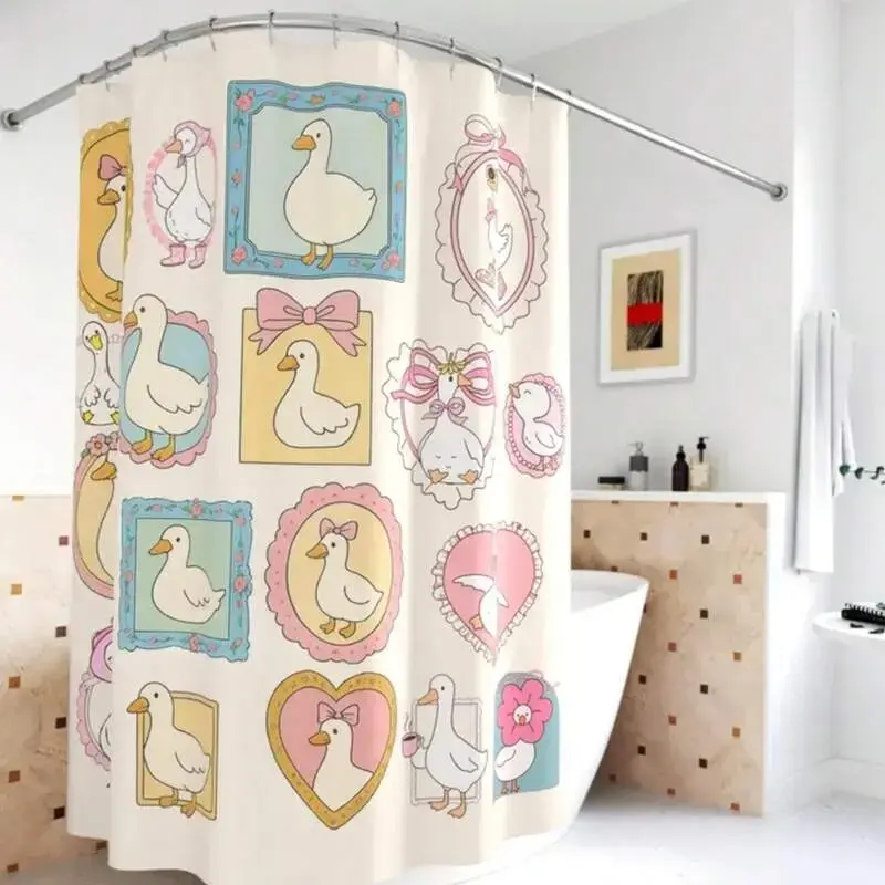 Cartoon Goose-Themed Printed Shower Curtain, Decorative Girly Shower Curtain for Girls - Hook-Type, Geometric, Illustrated Bathroom Decor, Whimsical Girl Dorm Supply, Unique Housewarming Gift with Coquette Stamp Frame Design