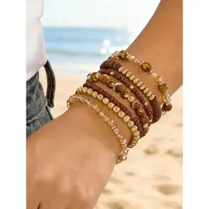 7-Piece Bohemian Earthy Vacation Bracelet Set, Casual Versatile Crystal Polymer Beaded Stackable Bracelets, Trendy Boho Fashion Jewelry Accessories Ideal for Daily Everyday Wear