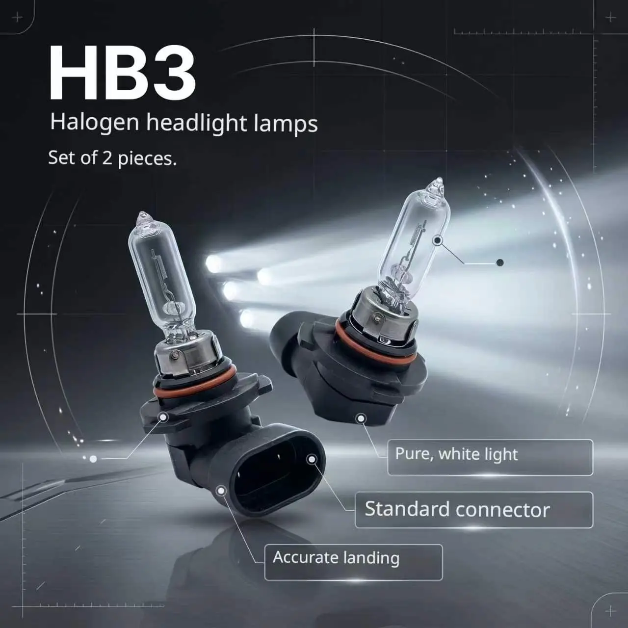 Two HB3 haloaen headliahts. 65W 12Vhalogen bulbs, super bright car lights, plugand play, car front headlights and fog lightssuitable forvarious car models